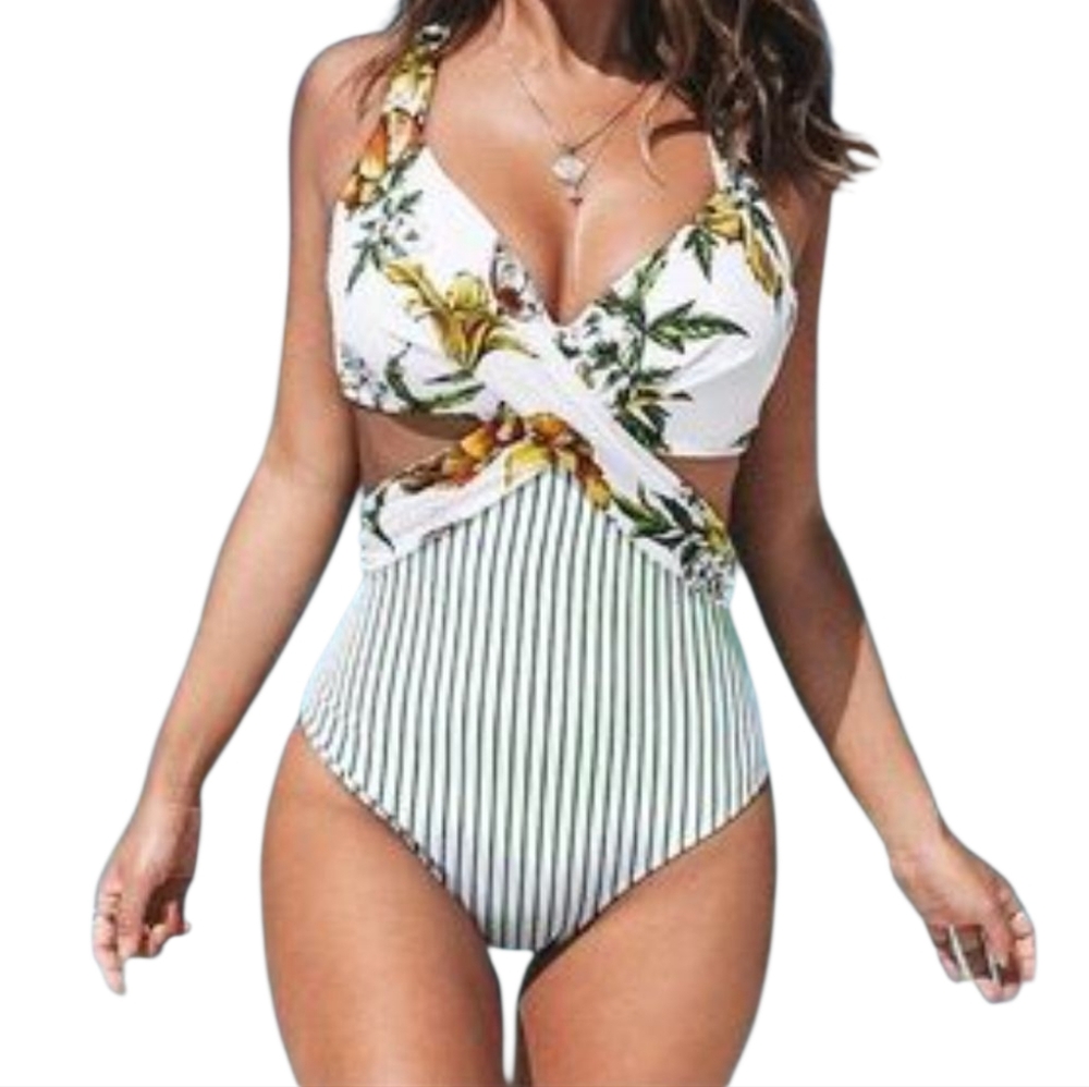 NWT‎ Cupshe One Piece Swim Suite with Floral and Stripes Size Medium